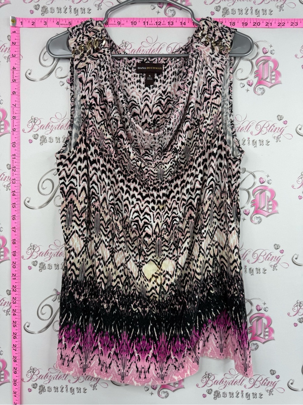 Dana Buchman tank chain link Pink Black Cream Printed Sleeveless Cowl Neck Top